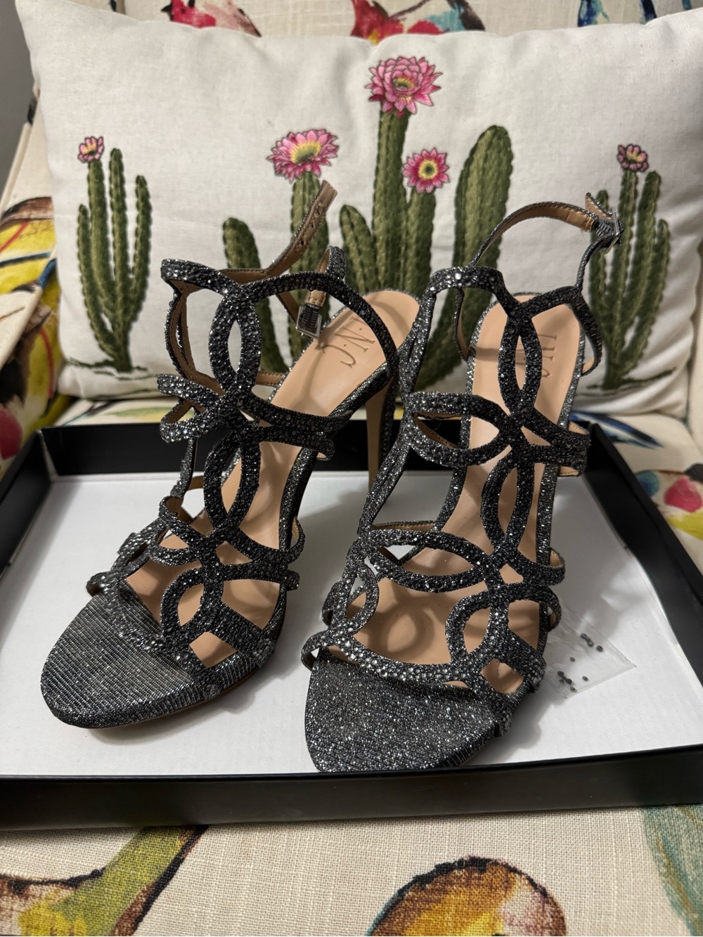 Macy's Black Glitter Strappy High Heel Sandals